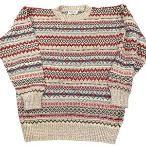 Ashley Knit Sweater Men Medium Beige Gray Multi‎ Fair Isle Diamond Crew 80s USA